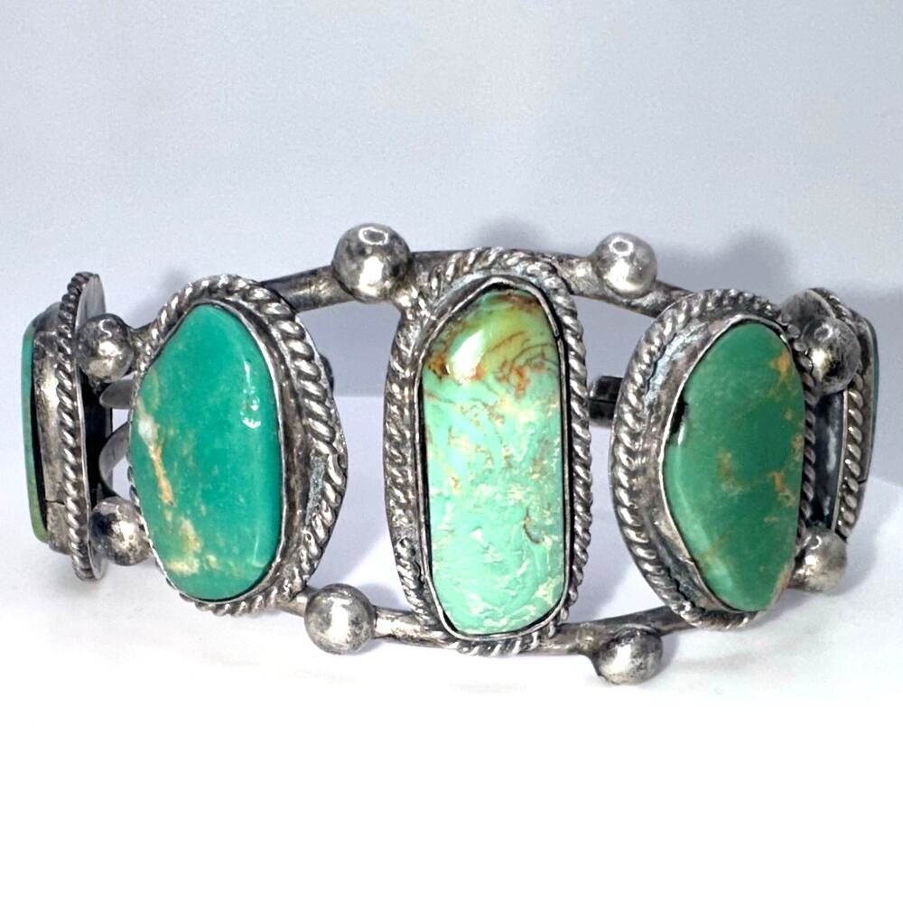 Navajo Native American vintage sterling silver 5 green turquoise cuff bracelet - Picture 3 of 10